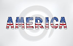 A graphical stylized word America with an American flag pattern. Stock vector illustration isolated on white background.