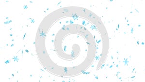 graphical turquoise snowflakes falling slowly from sky - transparent white background, overlay - snowfall in winter - 23,98 fps