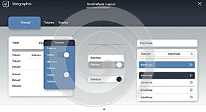 Graphical user interface showcasing a design layout for an application. The interface