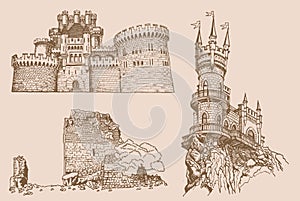 Graphical vintage set of medieval catles, vector sepia illustration.Architecture