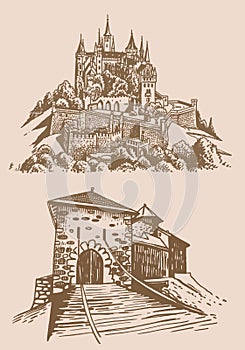 Graphical vintage set of medieval Germany castles on sepia background, museums . Architecture