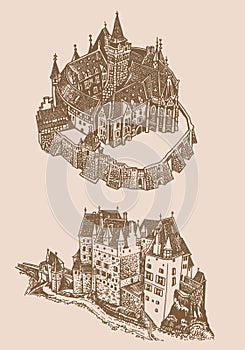 Graphical vintage set of medieval Germany castles on sepia background, museums . Architecture