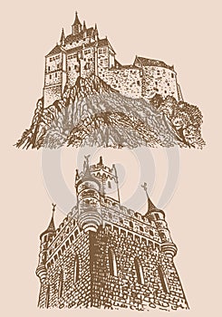 Graphical vintage set of medieval Germany castles on sepia background, museums . Architecture