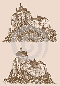 Graphical vintage set of medieval Germany castles on sepia background, museums . Architecture