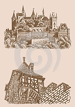Graphical vintage set of medieval Germany castles on sepia background, museums . Architecture