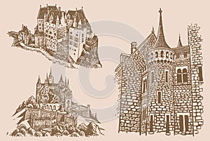 Graphical vintage set of medieval Germany castles on sepia background, museums . Architecture