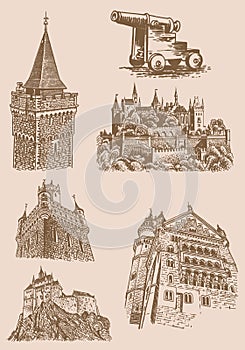 Graphical vintage set of medieval Germany castles on sepia background, museums . Architecture