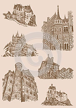 Graphical vintage set of medieval Germany castles on sepia background, museums . Architecture