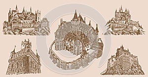 Graphical vintage set of medieval Germany castles on sepia background, museums . Architecture