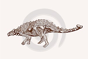 Graphical vintage Silvisaurus walking ,sepia background, vector illustration, lizard