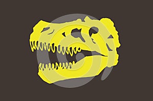 Graphical yellow silhouette of skull of dinosaur raptor on brown background, vector color illustration