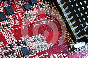 Graphics card closeup. detail of electronic circuit. macro shot. photo