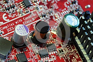 Graphics card closeup. detail of electronic circuit. macro shot.
