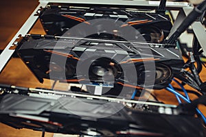 Graphics cards mining rig used for mining online crypto currencies photo