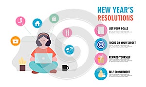 New years resolution and goals infographic. Young woman with pen writes goals and resolutions for new year