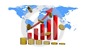 Graphics design Trading Stock Market red bar chart with 3d rendering gold dollar coins concept financial investment or economic