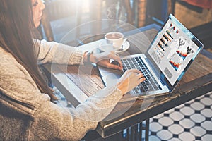 Graphics and diagrams on computer screen. Woman analyzing data. Student learning online. Freelancer working home