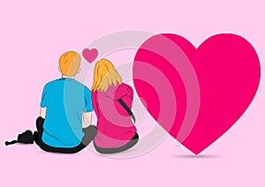 Graphics drawing couple boy and girl sit and heart around on pink background concept romantic couple valentineday