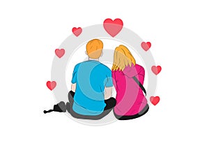 Graphics drawing couple boy and girl sit and heart around on white background concept romantic couple valentineday