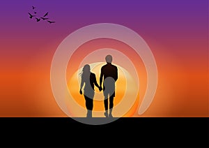 Graphics drawing couple boy and girl stand to look the sunset with  light silhouette orange and blue of sky vector illustration