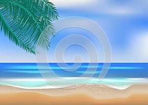 Graphics drawing landscape view ocean and blue sky with coconut leaf vector illustration