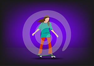 Graphics image girl cartoon character riding a skateboard or surf skate standing purple background vector illustration