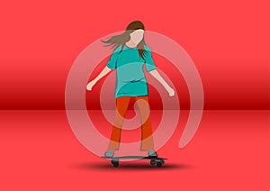 Graphics image girl cartoon character riding a skateboard or surf skate standing red background vector illustration