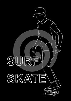 Graphics image man cartoon character riding a skateboard or surf skate outline vector illustration