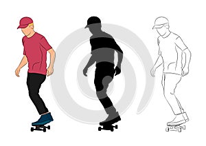 Graphics image man cartoon character riding a skateboard or surf skate standing body silhouette outline  vector illustration