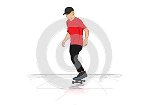Graphics image man cartoon character riding a skateboard or surf skate standing vector illustration