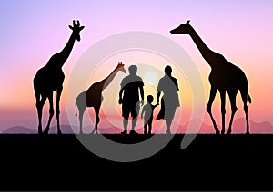 Graphics landscape view father mother and son with a giraffe at the forest with mountain background and twilight silhouette vector