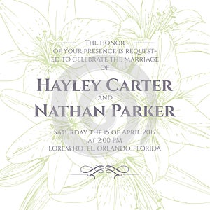 Graphics lilies.Template card. Wedding invitation