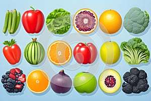 Graphics of many fruits in three rows. photo