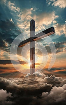 graphics of a wooden Christian cross against the background of the sky and the rising sun