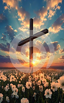 graphics of a wooden Christian cross against the background of the sky and the rising sun