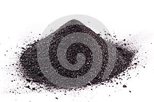 Graphite powder used in industry, black powder with isolated white background and copy space