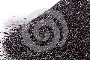 Graphite powder used in industry, black powder with isolated white background and copy space