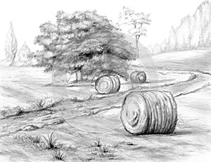 Graphite rural landscape with haystacks