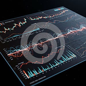 Graphs and data visualizations on a dark background, displaying line charts, bar