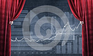 Graphs and diagrams behind drapery curtain and hand opening it