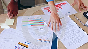 Graphs, documents and people hands for data analysis, charts and planning business growth, creative report and strategy