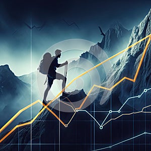 Graphs of financial growth against the backdrop of a mountaineer climbing a mountain.