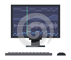 Graphs of sound waves on a computer monitor Musician vector icon flat isolated illustration.