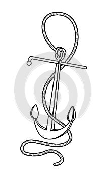 Grapnel & rope, mooring elements for emblem, logo, sea symbol