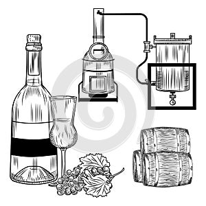 Grappa set on white background. Italian alcohol in style retro engraving bottle, glass, grapes, alembic