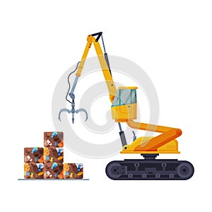 Grapple Bulldozer Packaging Garbage into Stacks, Waste Collection, Transportation and Recycling Concept Flat Style
