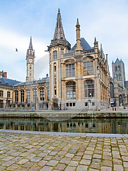 Graslei, the historic center of Ghent at the Leie river.