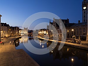 Graslei At Night in Ghent, Belgium