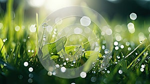 Grass background macro. Raindrops on greenery. Bright rich green color. Copy space.AI Generated.