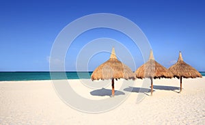 Thatch palapa umbrellas on resort beach photo